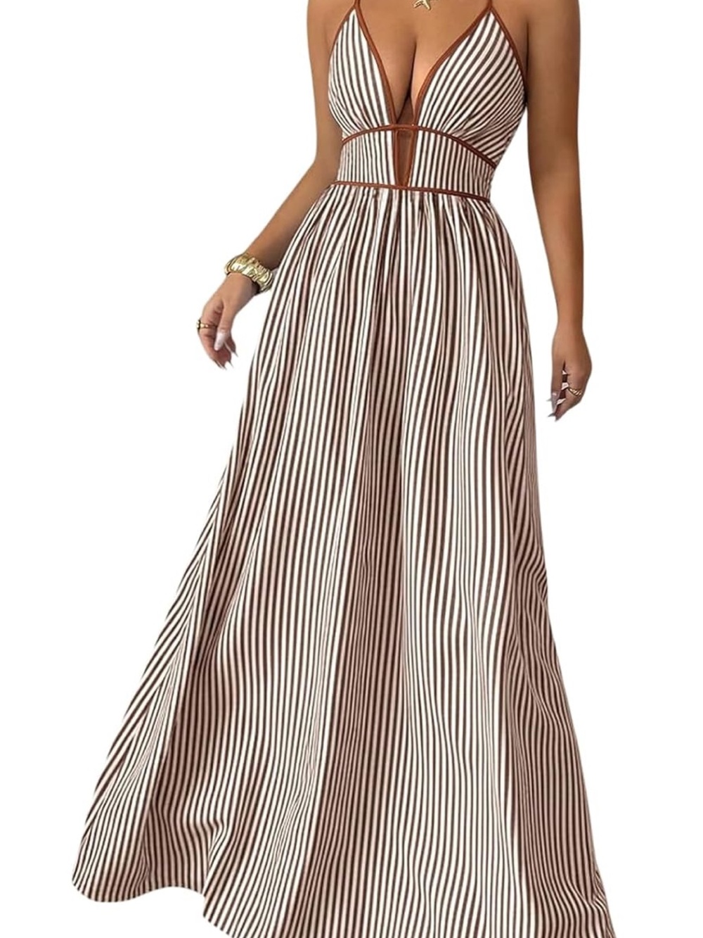 Amazon Brown and White Striped Plunge Maxi Dress